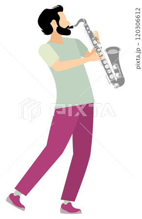 Vector people. White musician playing saxophone, solo performance. Playing jazz or blues. 120306612
