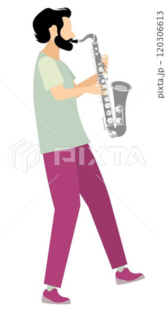 Vector people. White musician playing saxophone quietly, solo performance. Playing jazz or blues. 120306613
