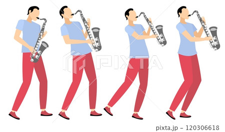 Vector people. White musician plays music on saxophone, several poses. Playing jazz or blues. 120306618