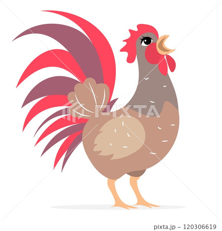 Farm Animals. Cute farm. A beautiful rooster sings on the grass on a white background. Collection of farm animals. Baby flat vector illustration. Farm Animals. Cute farm. A beautiful rooster sings on the grass on a white background. Collection of farm animals. Baby flat vector illustration. 120306619