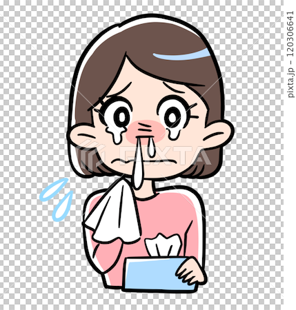 A woman blowing her runny nose with a tissue 120306641