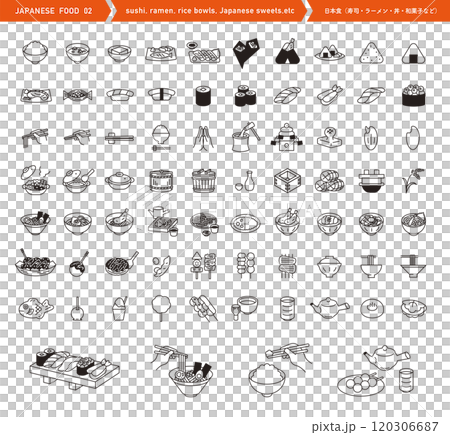 Set of Japanese food icons. Vector illustrations of sushi, ramen, etc. Japanese food ingredients. Set of Japanese food icons. Vector illustrations of sushi, ramen, etc. Japanese food ingredients. 120306687