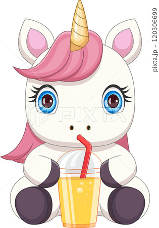 cartoon cute unicorn drinking orange juice 120306699