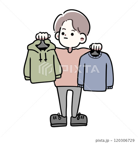 どちらの服にするか悩んでいる男性のイラスト 120306729