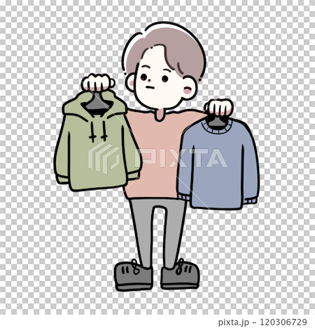 どちらの服にするか悩んでいる男性のイラスト 120306729