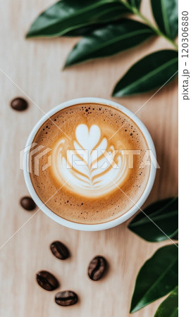 Perfectly crafted latte art in a white ceramic cup placed on a saucer with delicate designs 120306880