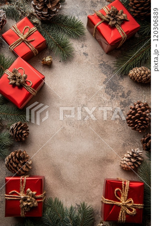 Decorative holiday gifts surrounded by pine cones and greenery on a festive surface 120306889