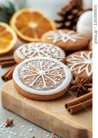Festively decorated gingerbread cookies with winter spices, displayed beautifully 120306935