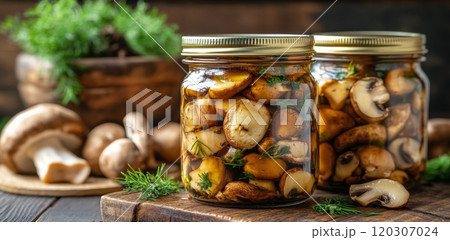Preserved mushrooms in jars surrounded by herbs on a rustic wooden surface in a cozy kitchen 120307024
