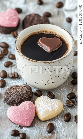 Warm cup of coffee served with heart shaped chocolate on a gray surface with coffee beans Warm cup of coffee served with heart shaped chocolate on a gray surface with coffee beans 120307040