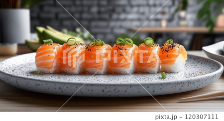 Fresh sushi rolls with salmon and toppings arranged on a serving plate in a cozy dining setting 120307111