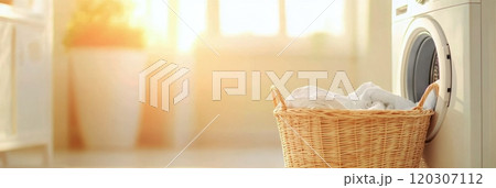 Bright laundry room in the morning with a washing machine and a basket of clean clothes 120307112