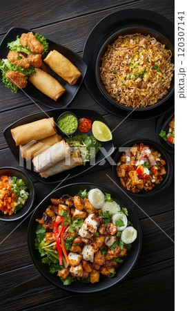 Delicious assortment of Asian cuisine served on black plates at a vibrant restaurant table 120307141