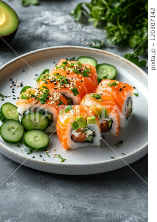 Fresh sushi rolls with salmon and cucumber served on a plate at a cozy setting 120307142