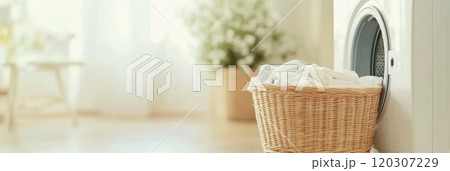 Bright laundry room in the morning with a washing machine and a basket of clean clothes 120307229