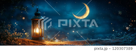 Elegant lantern glowing under the crescent moon in a serene night sky with stars 120307389