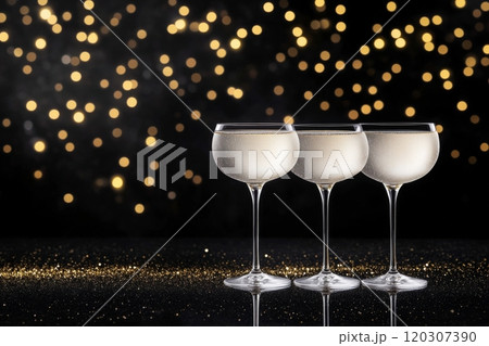 Three elegant champagne glasses on a reflective surface with golden bokeh background 120307390