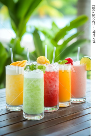Refreshing tropical fruit cocktails served in clear glasses on a wooden table outdoors 120307603