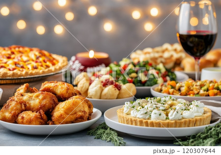 A festive table of tasty dishes and white wine for a cozy gathering 120307644
