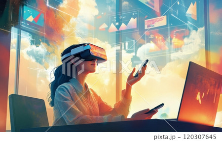 A woman using virtual reality technology while analyzing data in a modern office setting 120307645