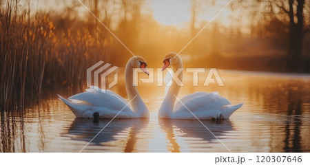 Swans swimming gracefully at sunset in a serene lake surrounded by nature 120307646