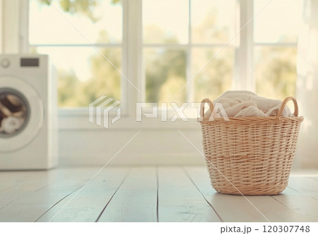 Cozy laundry room with wicker basket holding fresh linens near bright window 120307748