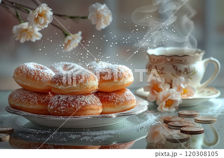 Indulge in Delicious Donuts Served with Tea and Beautiful Blossoms in a Cozy Cozy Setting Indulge in Delicious Donuts Served with Tea and Beautiful Blossoms in a Cozy Cozy Setting 120308105