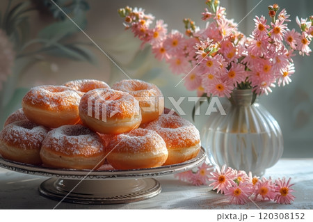 Enjoy these delicious donuts with pink blossoms, beautifully presented in a vintage setting 120308152