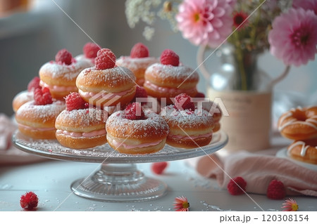 Delicious and Irresistibly Tempting Donuts with Raspberries and Lightly Dusting of Powdered Sugar 120308154