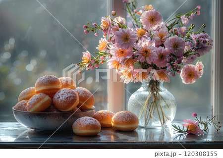 Delightful Doughnuts and Fresh Flowers Beautifully Arranged on a Lovely Window Sill 120308155