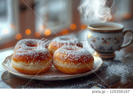 Indulging in Delicious Donuts and Sipping Fresh Coffee for a Perfect Morning Delight 120308187