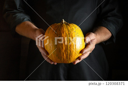 The warm glow of a ripe pumpkin is cradled in the hands of an individual, symbolizing the beauty of autumn. The rich orange contrasts with the deep shadows surrounding it 120308371