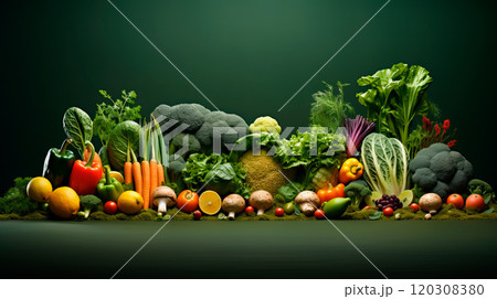 Healthy food concept photo. Background with many different vegetables and fruits. 120308380