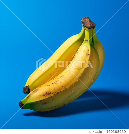 Ripe yellow bananas with water drops on blue background 120308420