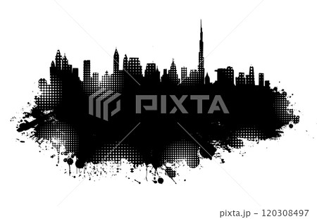 Black and white graphic drawing city and blots. hand drawing. Not AI. Vector illustration. Black and white graphic drawing city and blots. hand drawing. Not AI. Vector illustration. 120308497
