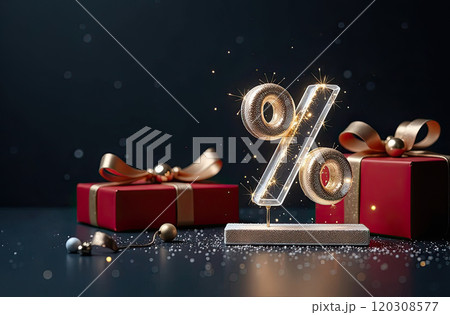 Neon glowing gold percentage sign on Christmas background with Christmas tree, glitter and gift boxes. Black Friday, New Year, Christmas sale, discounts. banner, flyer with copy space. AI generated Neon glowing gold percentage sign on Christmas background with Christmas tree, glitter and gift boxes. Black Friday, New Year, Christmas sale, discounts. banner, flyer with copy space. AI generated 120308577