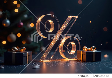 Neon glowing gold percentage sign on Christmas background with Christmas tree, glitter and gift boxes. Shop window for Black Friday, New Year, Christmas sale, discounts. banner, flyer. AI generated 120308578