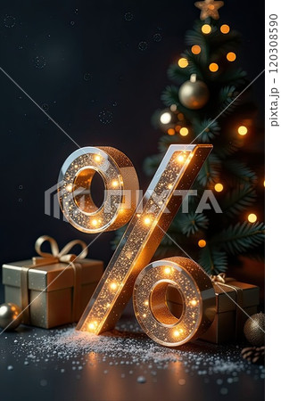 Neon glowing gold percentage sign on Christmas background with Christmas tree, glitter and gift boxes. Shop window for Black Friday, New Year, Christmas sale, discounts. banner, flyer. AI generated 120308590