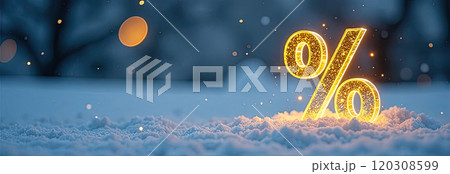 Neon glowing gold percentage sign on snow background outdoor, glitter and snowflakes. Winter sale and discounts, Black Friday, New Year, Christmas. banner, flyer with copy space. AI generated Neon glowing gold percentage sign on snow background outdoor, glitter and snowflakes. Winter sale and discounts, Black Friday, New Year, Christmas. banner, flyer with copy space. AI generated 120308599