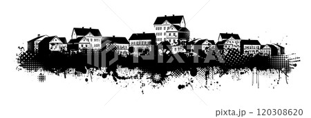 Black and white graphic drawing city and blots. hand drawing. Not AI. Vector illustration. 120308620