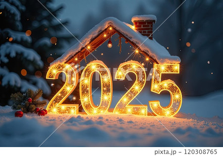 Transparent gold luminous numbers 2025 under roof of house on snowy New Year background with golden glitter. Real estate, realtor, mortgage, insurance. AI generated 120308765
