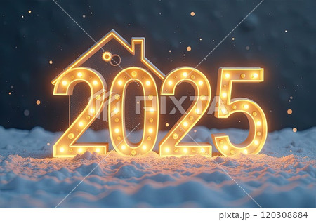 Transparent gold luminous numbers 2025 under roof of house on snowy New Year background with golden glitter. Real estate, realtor, mortgage, insurance. AI generated 120308884