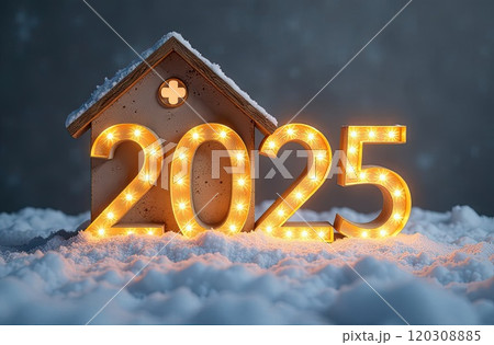 Transparent gold luminous numbers 2025 under roof of house on snowy New Year background with golden glitter. Real estate, realtor, mortgage, insurance. AI generated 120308885