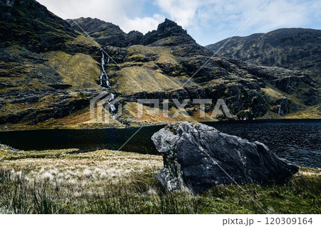 A scenic view captures a waterfall flowing down rugged cliffs into a serene lake surrounded by mountains. The bright sky enhances the natural beauty of the landscape. A scenic view captures a waterfall flowing down rugged cliffs into a serene lake surrounded by mountains. The bright sky enhances the natural beauty of the landscape. 120309164