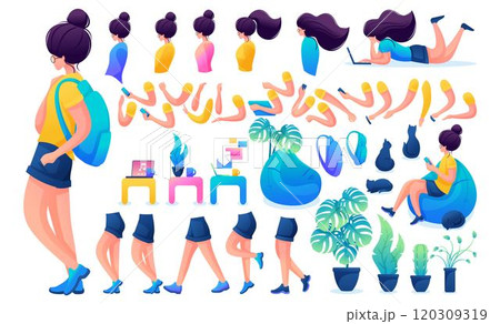Constructor for creating a Young Girl. Create your own beautiful girl character with a Set of hands and feet. Flat 2D vector illustration N1 120309319