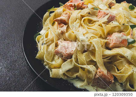 tagliatelle pasta, in cream sauce with salmon, homemade, no people, 120309350