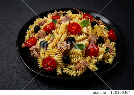 Tuna salad, fusilli pasta, olives and cherry, olive oil, homemade, Tuna salad, fusilli pasta, olives and cherry, olive oil, homemade, 120309364