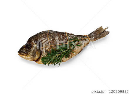 dorado fish, hot smoked, with a sprig of rosemary, tied with a rope, on a white background, top view, smoked fish, close-up, no people, isolate, dorado fish, hot smoked, with a sprig of rosemary, tied with a rope, on a white background, top view, smoked fish, close-up, no people, isolate, 120309385
