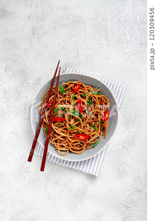 udon noodles, with shimeji mushrooms, vegetables, in sauce, with sesame seeds, green onions, Asian vegetarian food, horizontal, without people, udon noodles, with shimeji mushrooms, vegetables, in sauce, with sesame seeds, green onions, Asian vegetarian food, horizontal, without people, 120309456