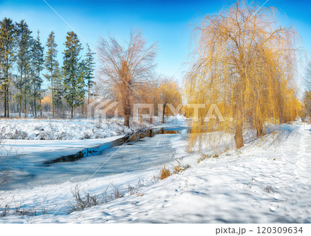 Stunning landscape with snowy trees, beautiful frozen river with reflection in water. 120309634